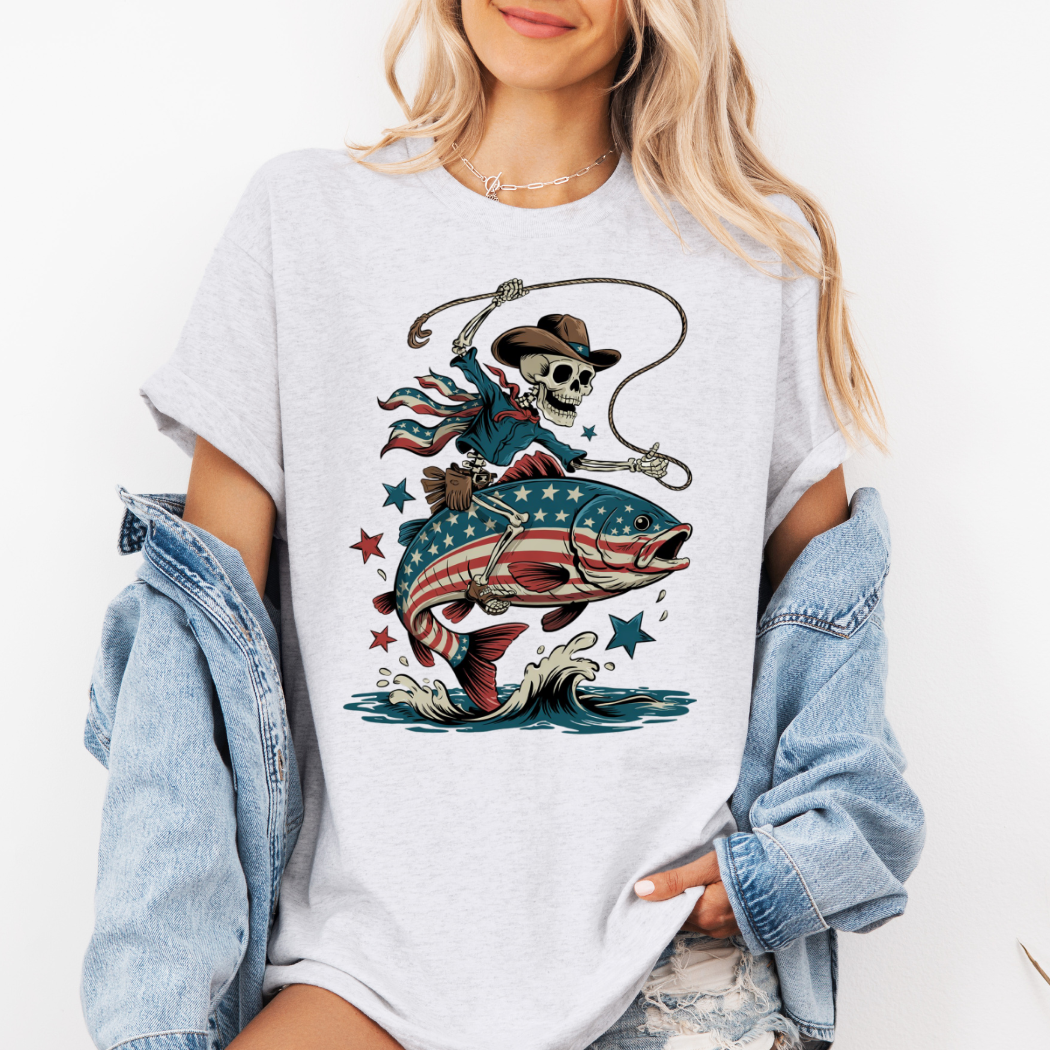 USA Fishing Skeleton  4th of July Tee